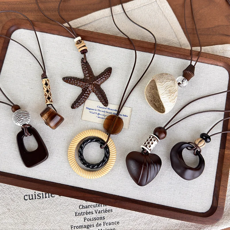 Trendy Vintage Brown Sea Star Wooden Geometric Pendant Necklaces For Women Long Adjustable Rope Sweater Chain Boho Neck Jewelry - view 6