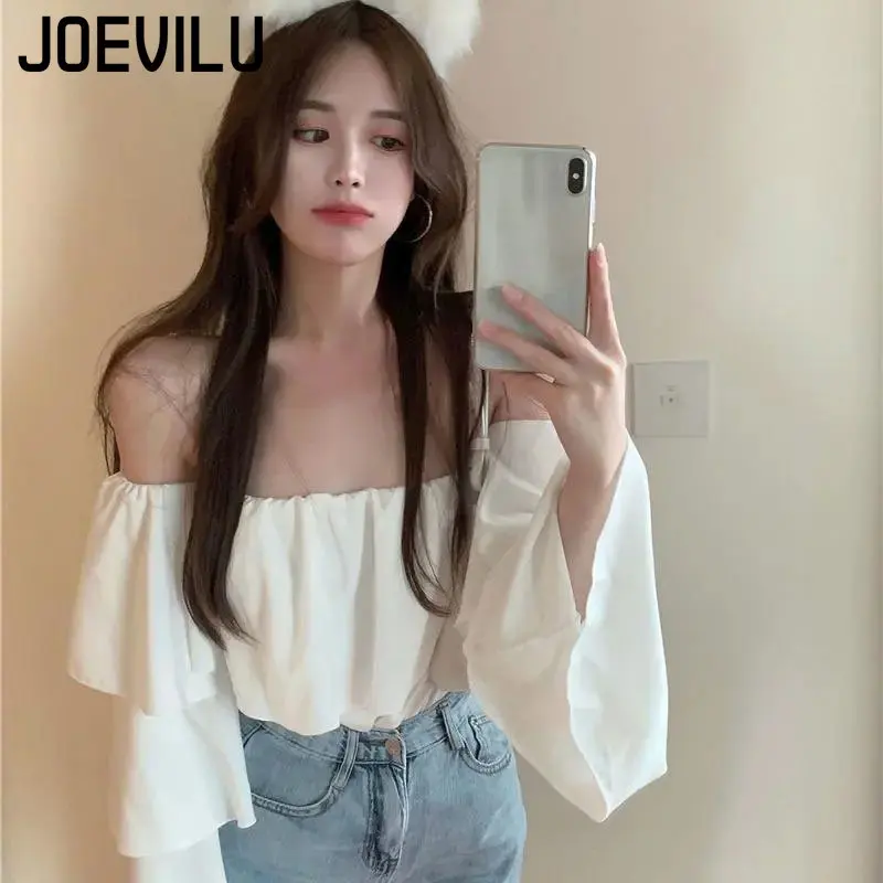 JOEVILU Chiffon Shirt Off Shoulder Ruffle White Blouse Spring and Summer Women\'s Casual Tops Ladies Korean Style Blusas Crop Top