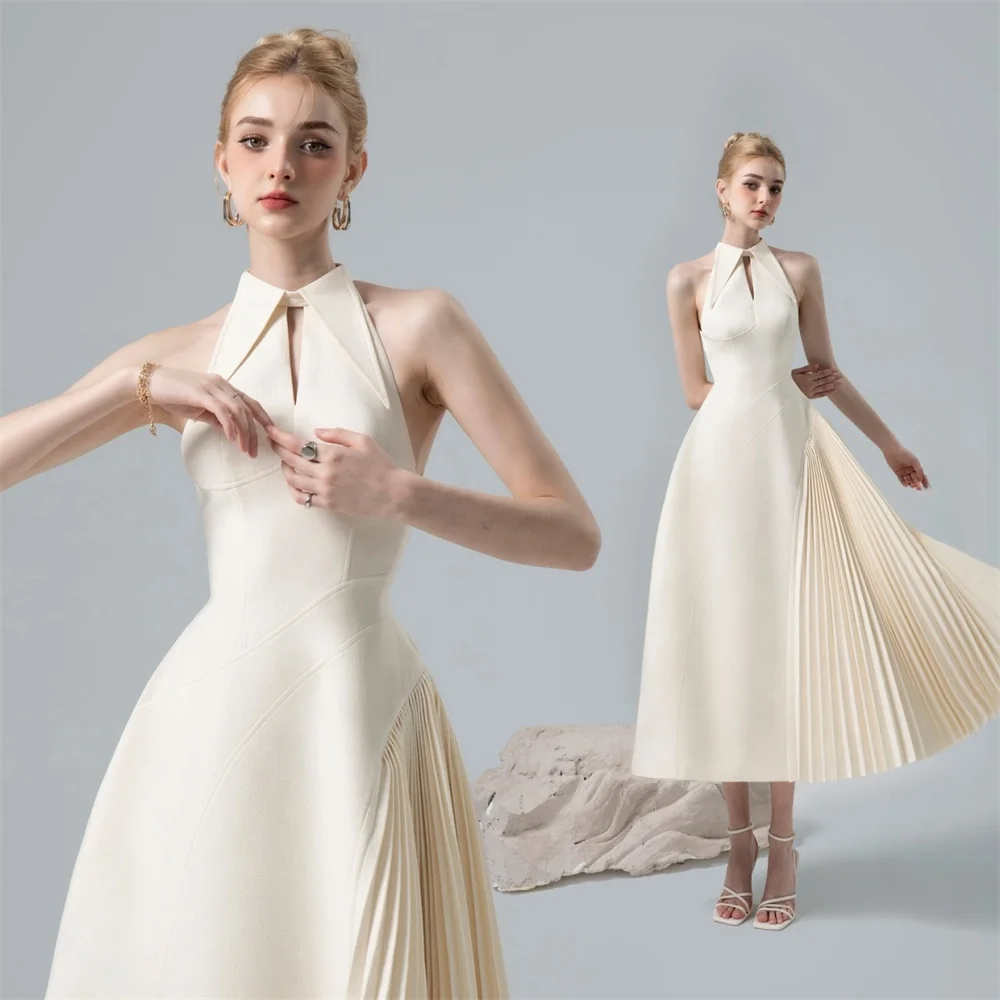 Customized Evening Gown Prom Dress Halter A-line Tea Length Skirts Draped Fold Sleeveless Bespoke Occasion Dresses Saudi Arabia