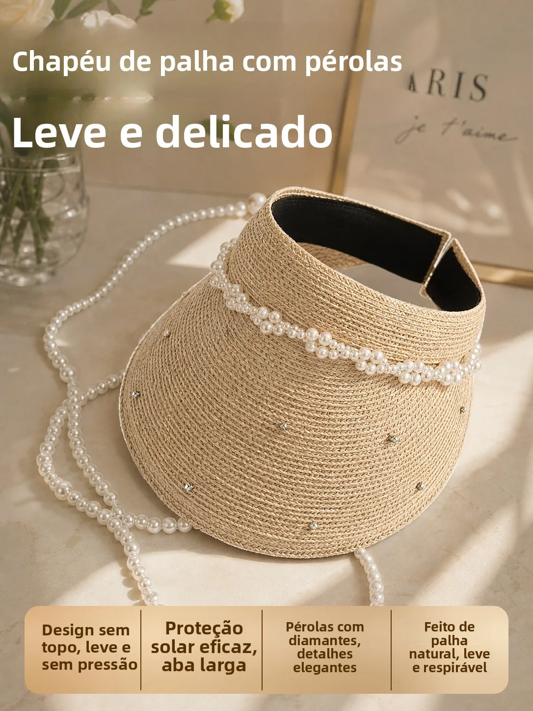 moon-pearl-decorated-raffia-straw-hat-women's-summer-open-topped-sun-protection-hat-beach-vacation-handwoven-straw-hat