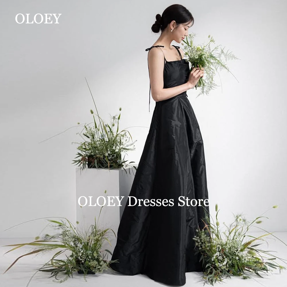 

OLOEY Simple Black Taffeta Eveing Dresses Korea Photoshoot Pleats A-line Wedding Party Gowns Detachable Straps Customized