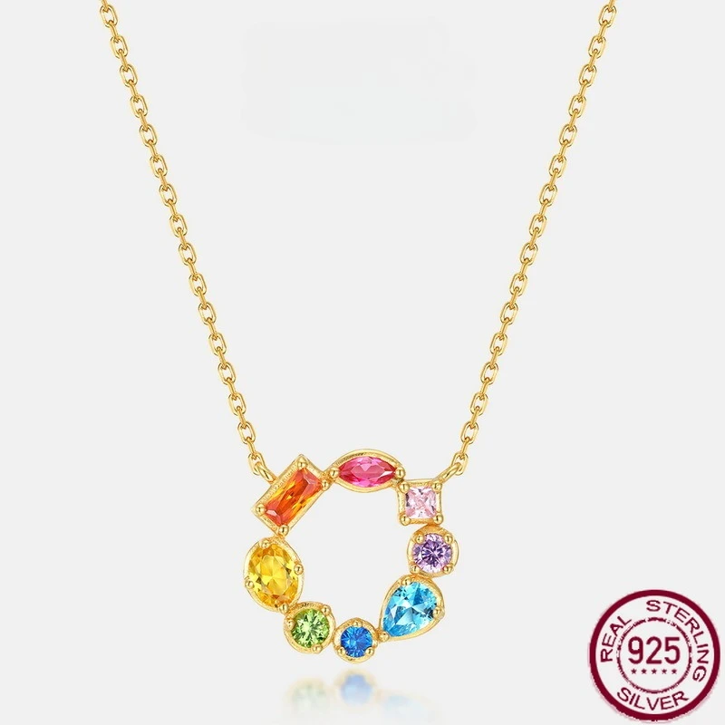 

New 925 pure silver rainbow zircon full set brilliant gemstone necklace, light luxury, fashionable and versatile wedding jewelry