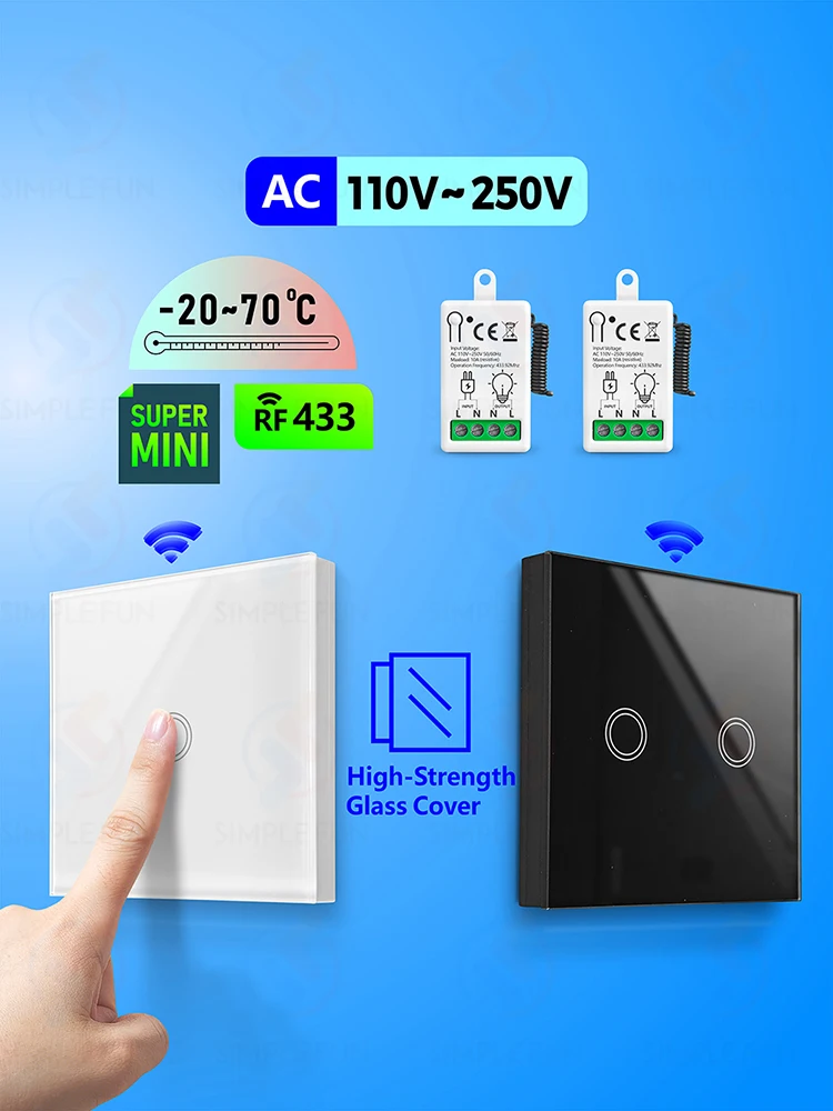 Bezprzewodowy panel dotykowy typu 86, bezprzewodowy włącznik światła 110V 220V 230V 10A Mini moduł przekaźnika RF433MHz/przełącznik do oświetlenia — zdjęcie produktu 7