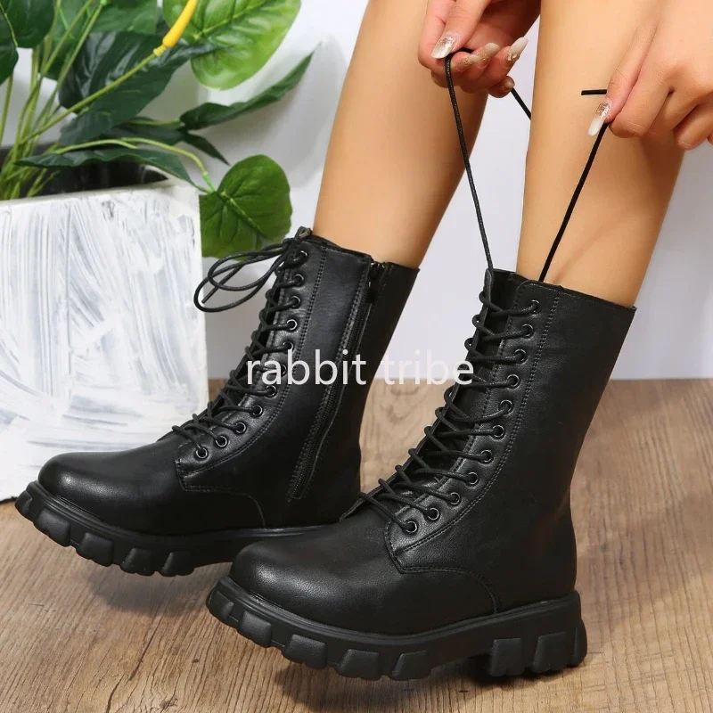 Boots Women 2024 Autumn Winter PU Leather White Ankle Boots Motorcycle Botines Female Chunky Heels Platform Boots Botas Mujer