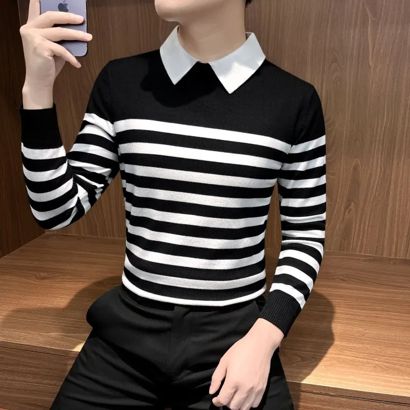 

Вязаный свитер-обманка в полоску с эффектом двухслойности, приталенный, с длинным рукавом, повседневный, для уличной моды, весна 2026