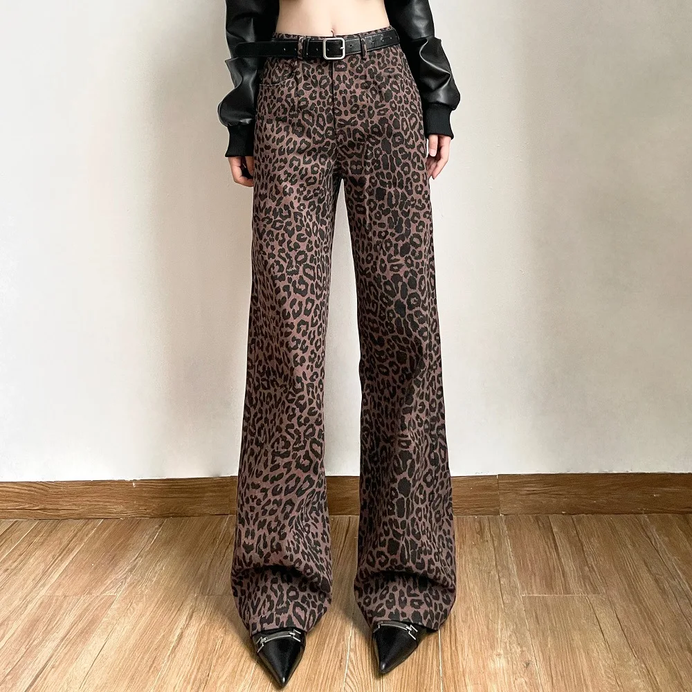 BKLD 2024 Summer New Loose High Waisted Straight Wide Leg Pants Fashion Leopard Printed Trousers Y2k Clothes Streetwear Women