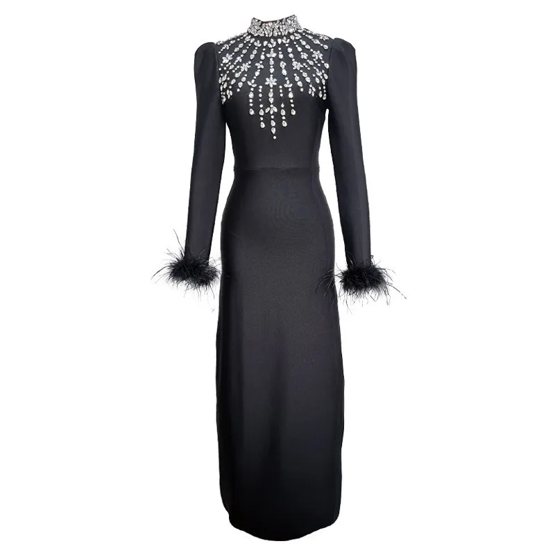 BEWQ فستان نسائي أنيق بأشرطة نصف رقبة عالية مطرز بالخرز وأكمام ريشة فستان الحفلات المسائية جديد لخريف 2025