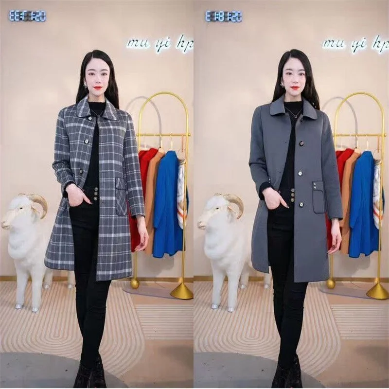 Autumn Winter Long Women Double Sided Cashmere Woolen Coat  Middle Aged Mother Both Sides Wear Plaid Wool Jacket Windbreaker 5XL