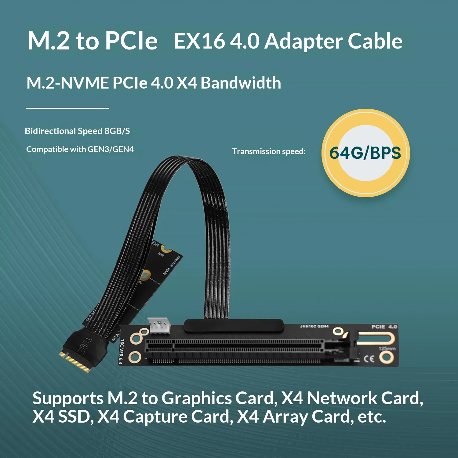 HOOCCC M.2 NVMe to PCIe 4.0 X16 Graphics Adapter Cable M-Key Riser Extender 64Gbps for GPU SSD RAID Capture Card 90 Flat