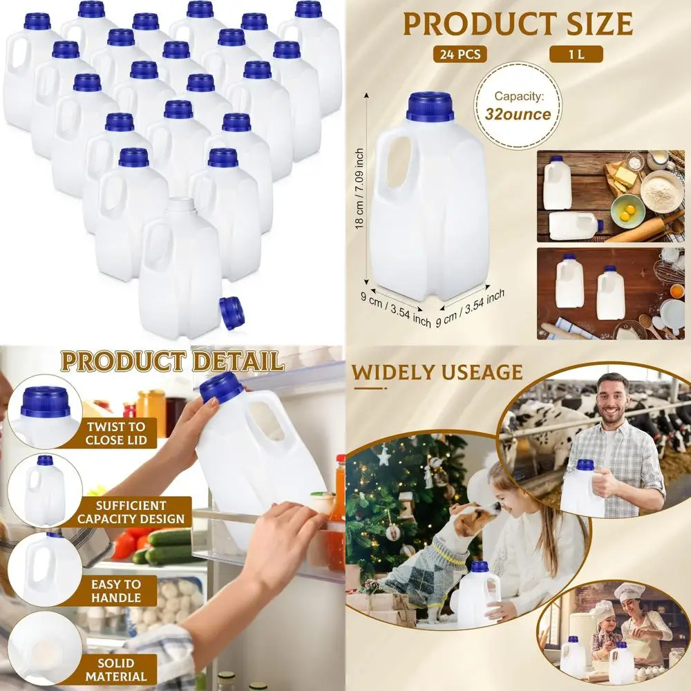 

24-Pack 32 oz Reusable Plastic Milk Jugs with Lids, 1 Quart Containers for Milk, Juice, Water, Sports Drinks, Easy Grip