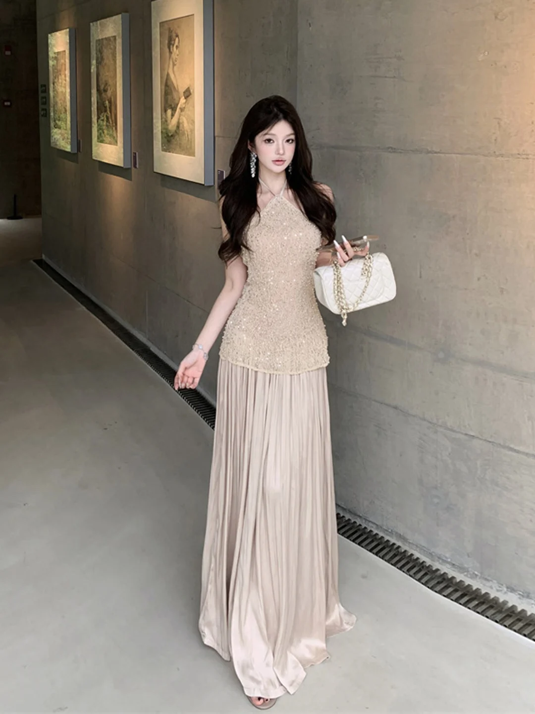 Bare Ba Ne Colgante Satén Noche Dr Francés Sle Color puro Cintura Una falda acampanada Transpirable Agradable para la piel Dr