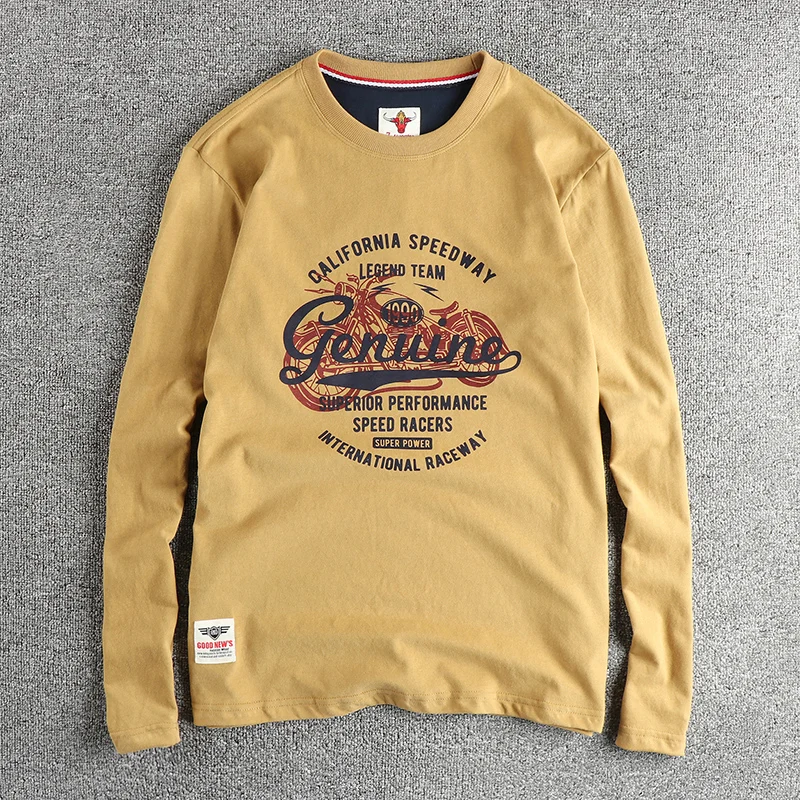 Personalized vintage motorcycle letter pattern long sleeve T-shirt men\'s wash woolen cotton comfortable all-match base shirt