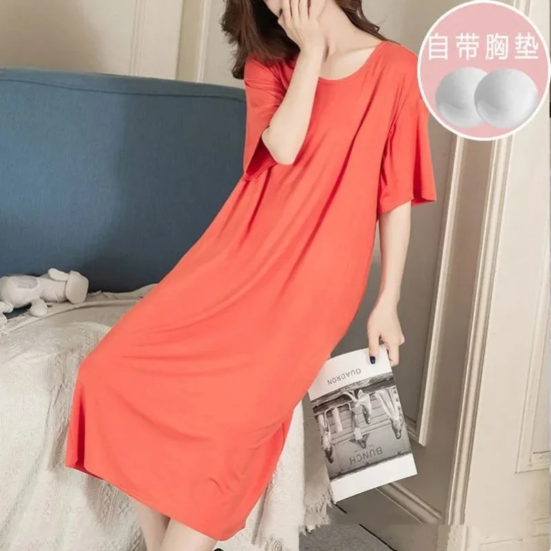 Women\'s Pajamas with Chest Pads Short Sleeve Robe Retro Dress with Thin Chest Pads Thin Solid Color Sleepwear With Built In Bra