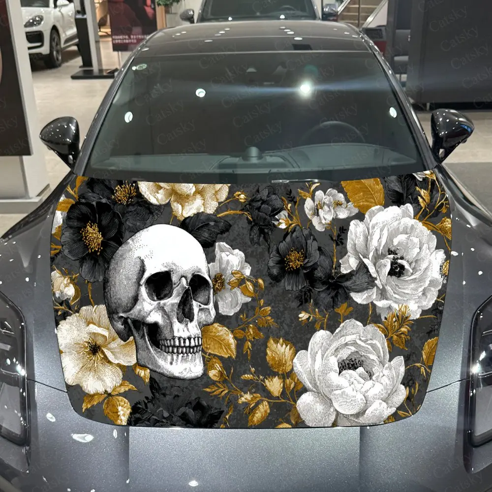 

Автомобильная наклейка темно-готический дизайн с черепом Amidst позолоченные цветочные наклейки на капот автомобиля, водонепроницаемая самоклеящаяся графика из ПВХ D
