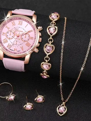 6PCS/Set Fashion Women's Quartz Watch Leather Band Analog Wrist Watches Heart Rhinestone Jewelry Set(Without Box)