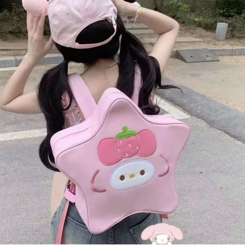 Kawaii Sanrio My Melody Versatile Fashion Star Pu Leather Pompom Purin Backpack Y2K Kitty Cat Schoolbag for Girls