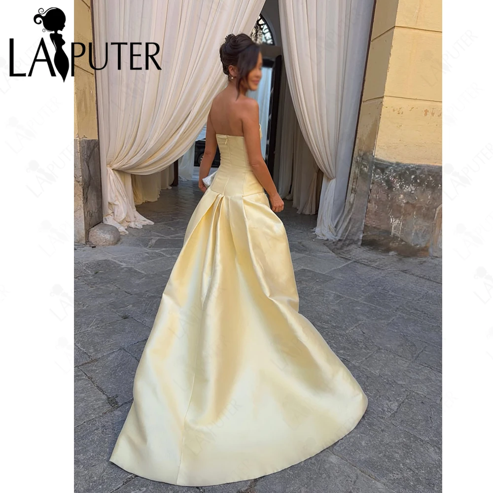 Egg Yellow Prom Dresses Satin High-low Strapless neck Evening Dress Short Front Long Back Simple Satin Woman Formal Dress 2026