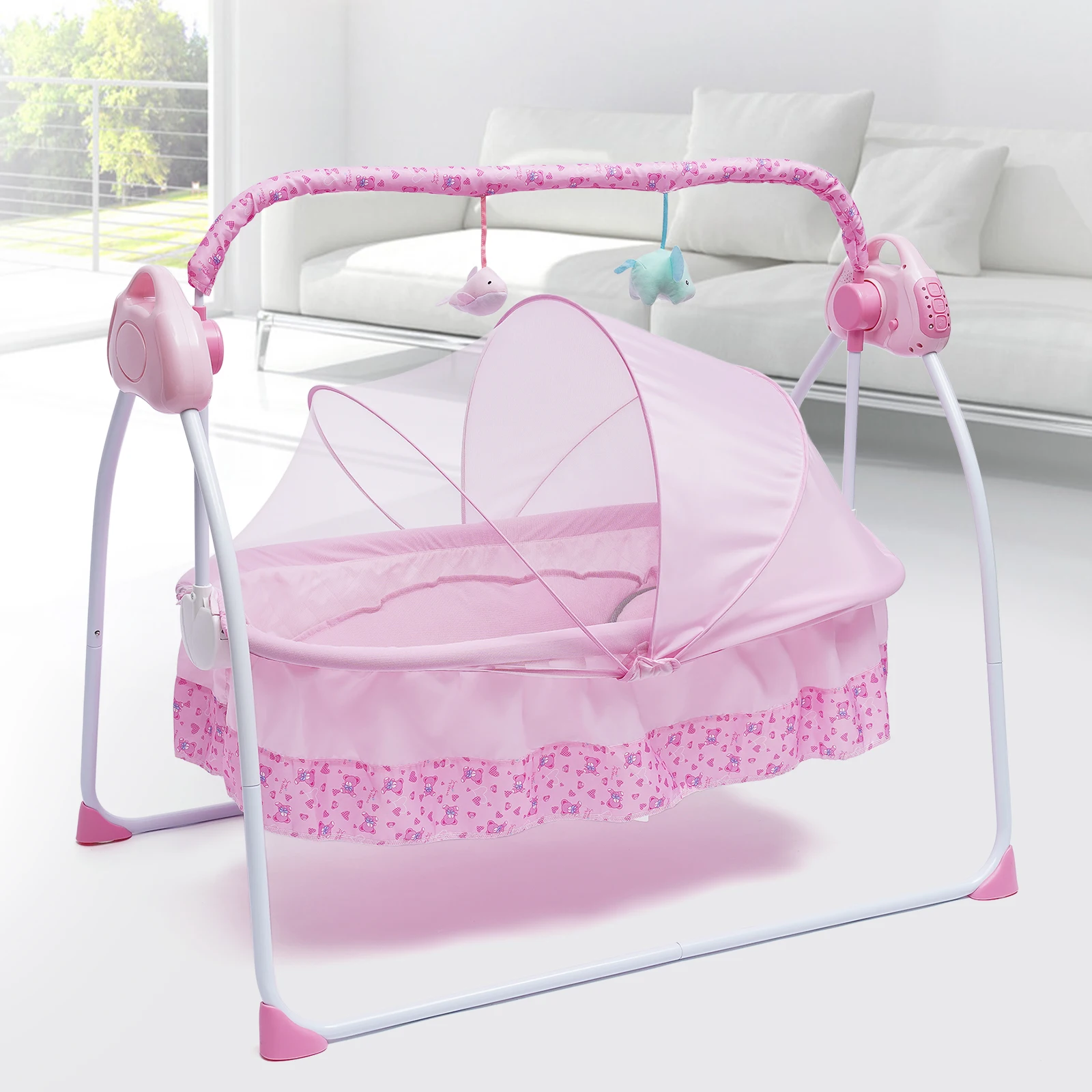 Electric Baby Crib Cradle Auto-Swing Newborn  Sleep Bed Infant with Bluetooth Pink