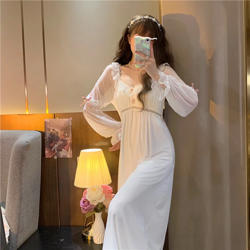 Sleepwear Retro French Court Style Nightdress Sexy Perspective Long Sleeve Home Dress Women Sweet White Lace Princess Nightgown