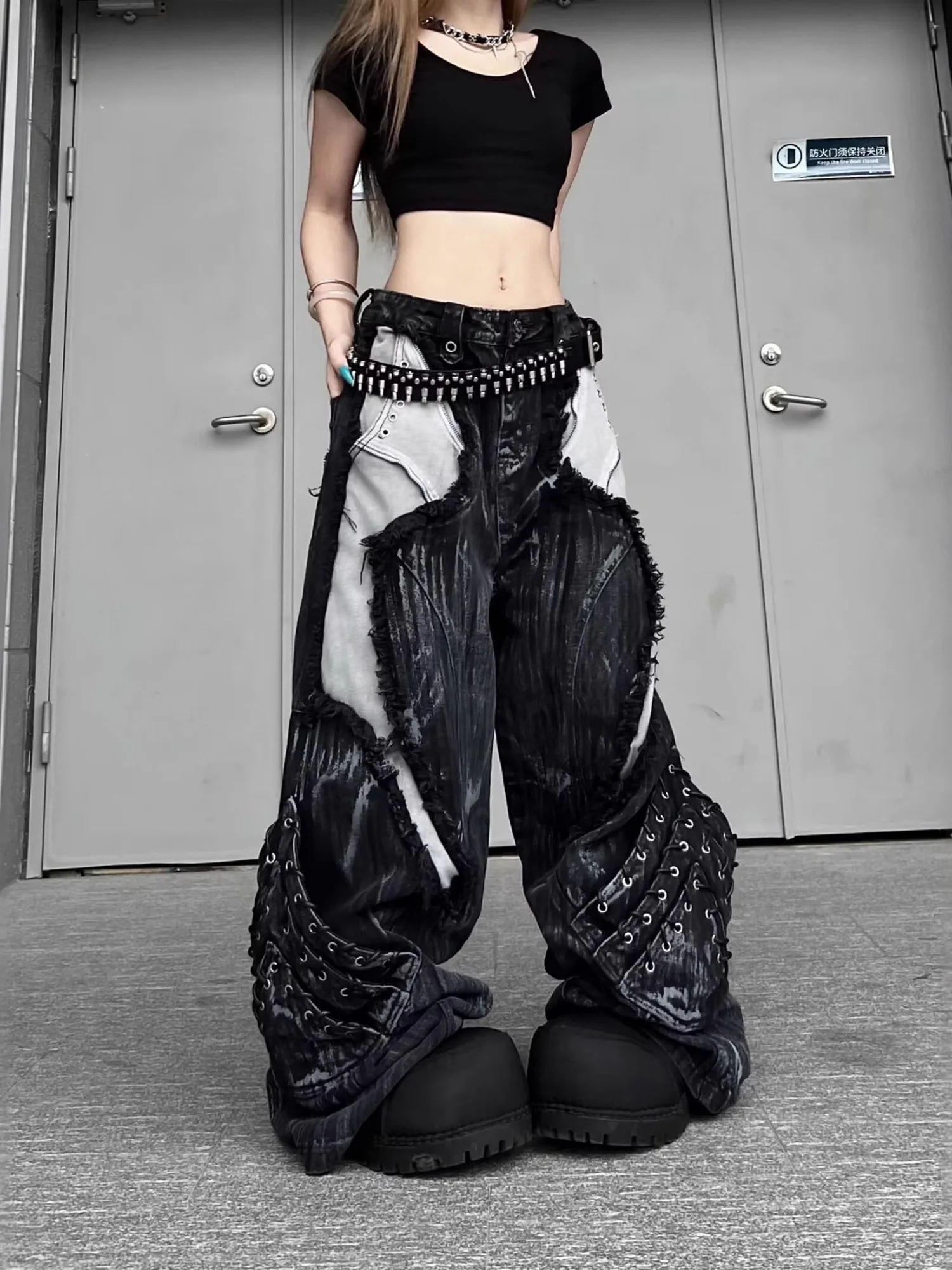 Grunge Gothic Patchwork Jeans High Waist Wide Leg Baggy Lace Up Acid Wash Distressed Black Denim Pants Y2K Punk Streetwear