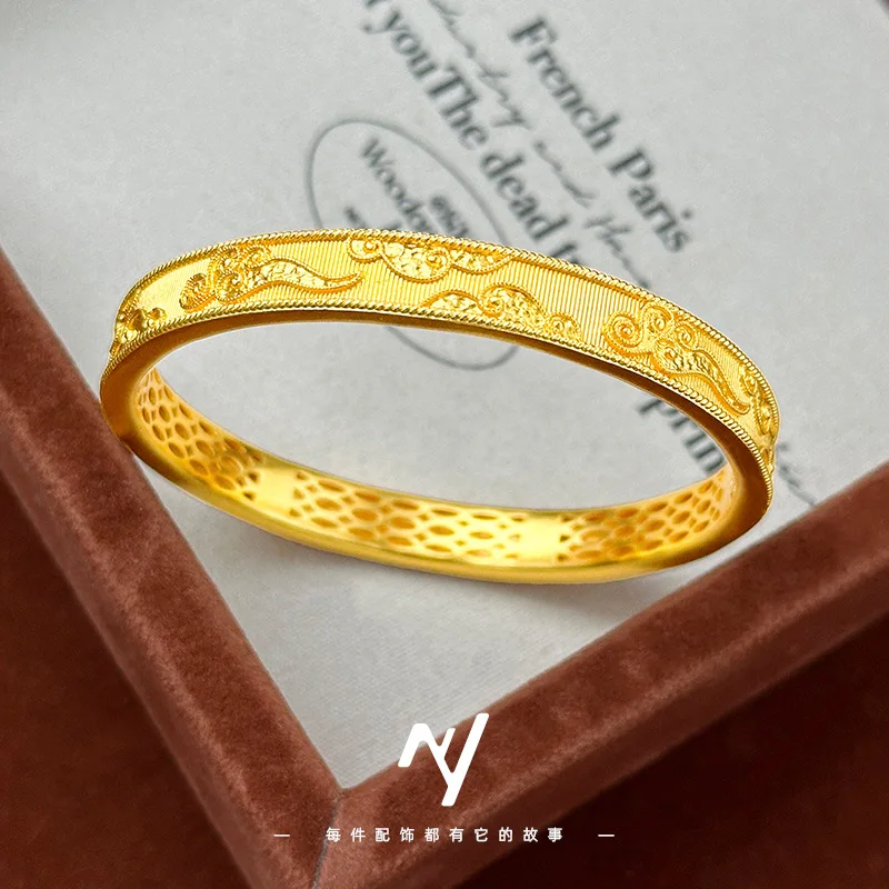 

2025 New Style 9999 New Chinese Style Light Luxurious Brushed Gold Silk Xiangyun 24K Real Gold Ring Bracelet Bracelet