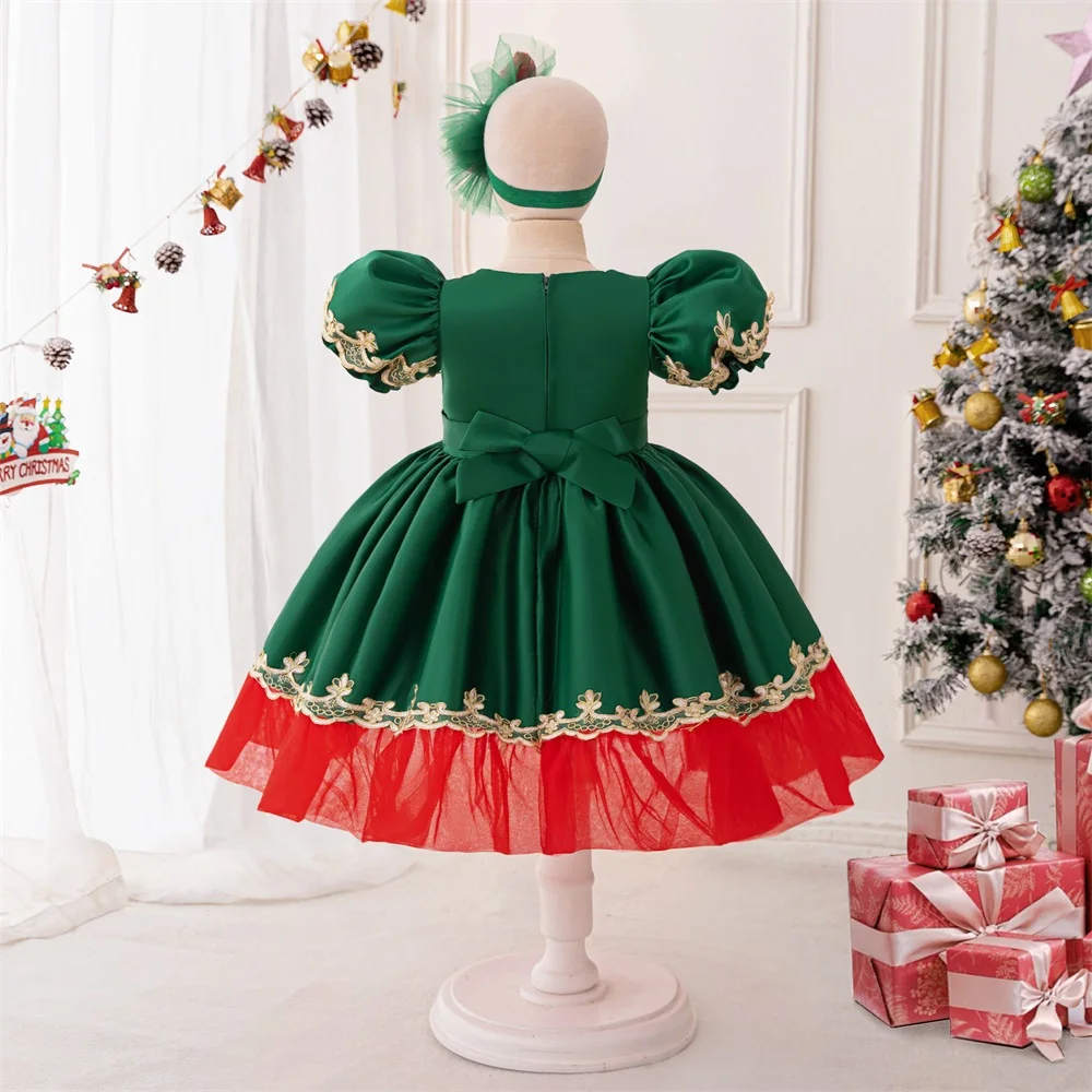 2pcs Sets Christmas Floral Party Dress Girls Green Lace Carnival Costume Kids Christening Fluffy Lolita Gown Young Flash Clothes