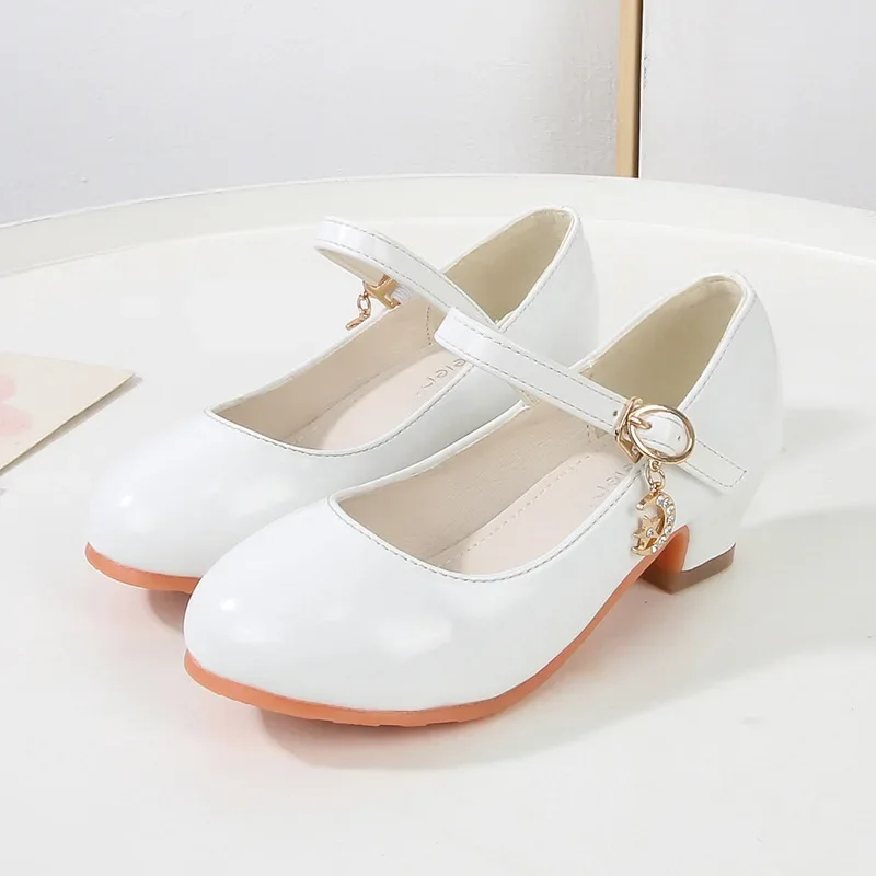 Children High Heeled Princess Leather Shoes Student Black Catwalk Performance Shoes Girl Performance Silver Lacquered Shoes
