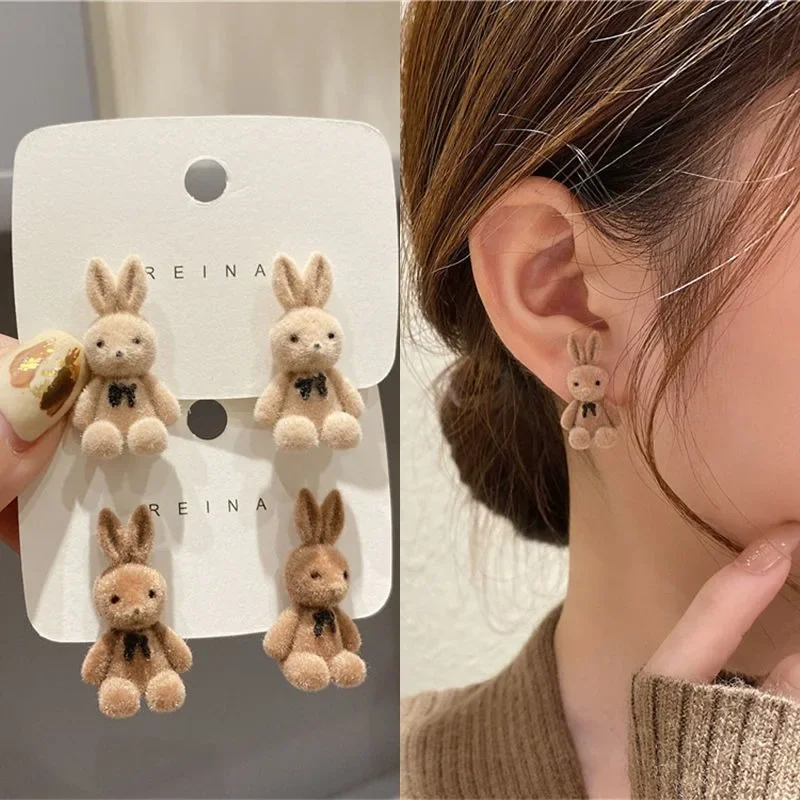 Fashion Kawaii Plush Bunny Earrings for Women Cute Khaki Rabbit Stud Earrings Girls Christmas Gift Fashion Jewelry Accessories