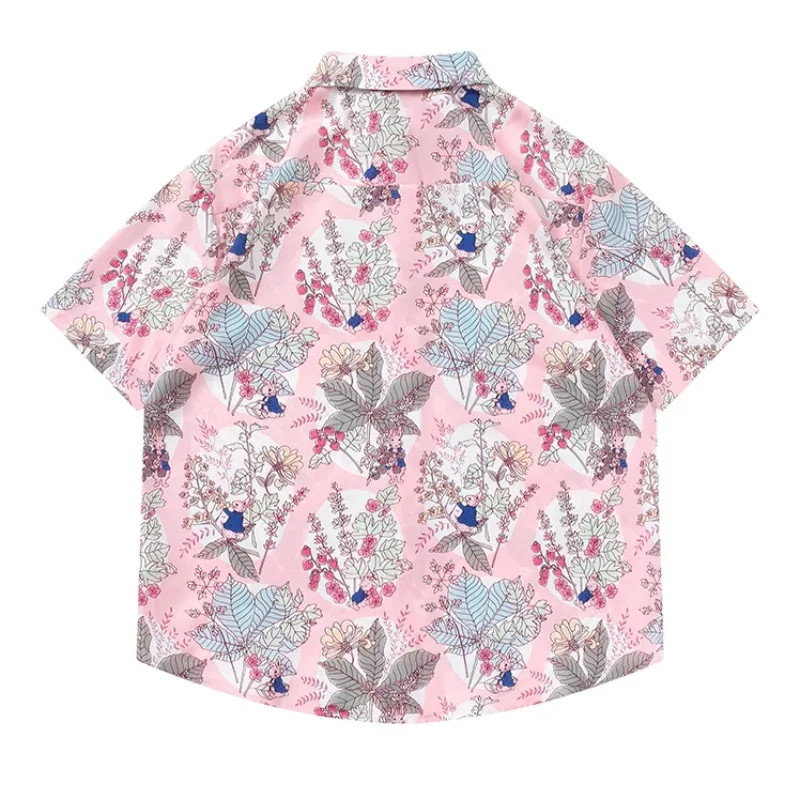 Chic Floral Cute Rabbit Full Printed Shirts Retro Fashion Short Sleeve Blouse Harajuku Couples Kawaii Camisas Summer Y2K Cartoon