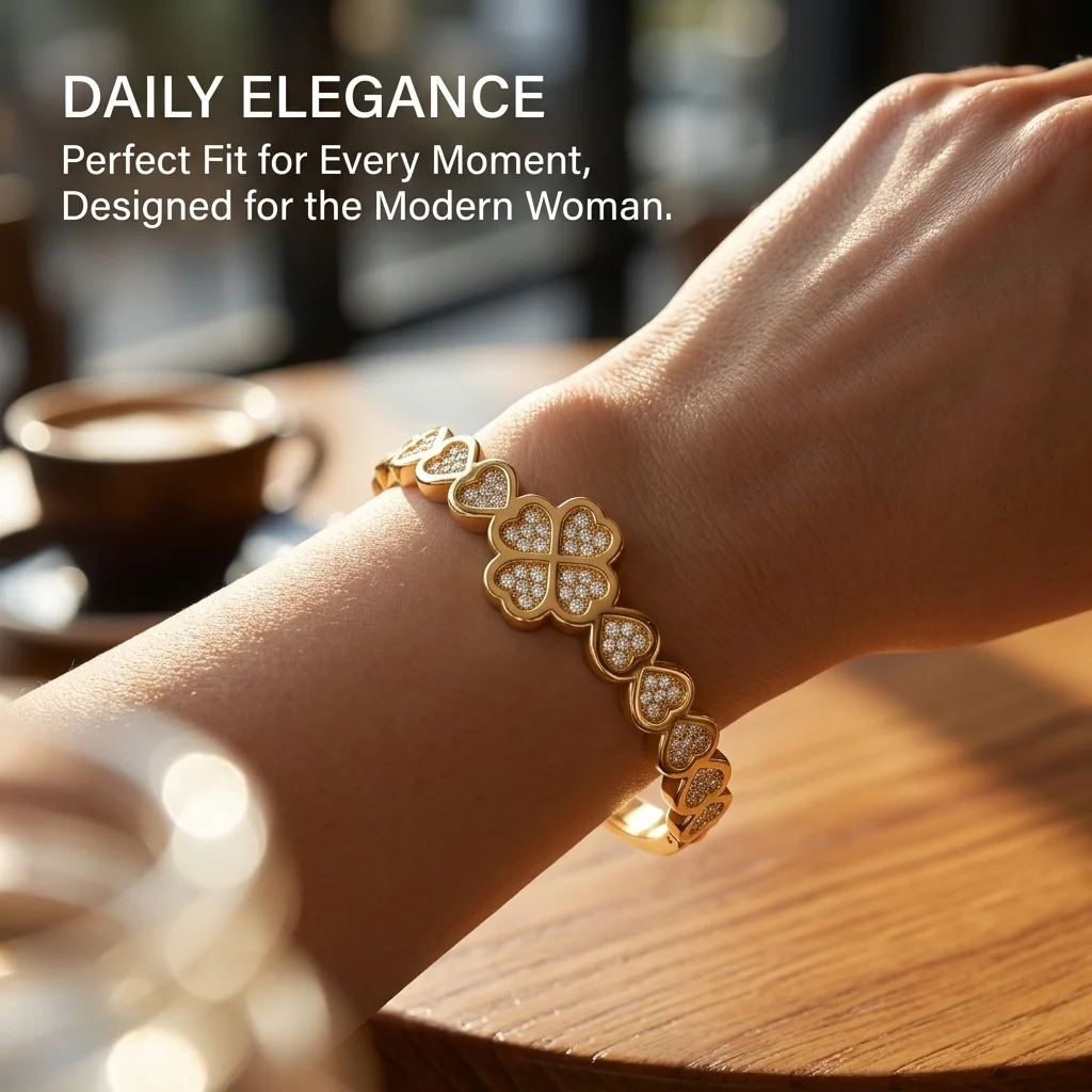 Elegant Gold Color Snap Bracelet, Stainless Steel Zircon Flower Bangle, Luxe Feel Women's Jewelry (60mm Inner Diameter)