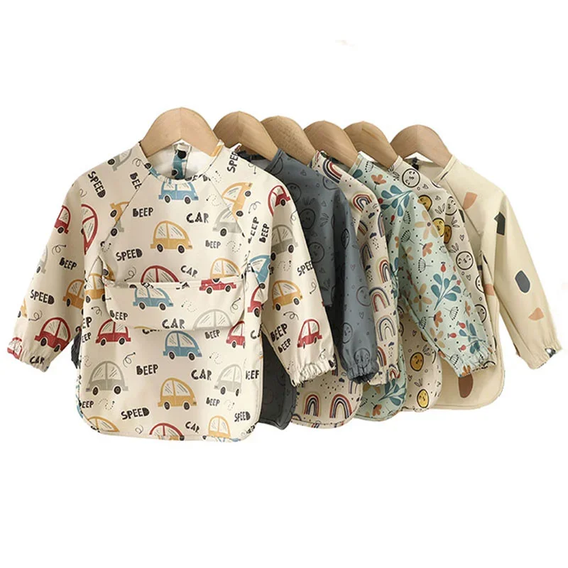 Children Long Sleeves PU Reverse Dressing Baby Eating Clothes Bib Super Soft Waterproof  Anti-Dirty Feeding with Pocket Stuff