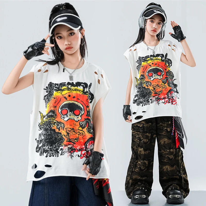 Kinderen Hip Hop Kostuum Meisjes Jazzdans Kleding Wit Tops Camouflage Broek Show Outfit Cool Street Dance Wear AMY2587