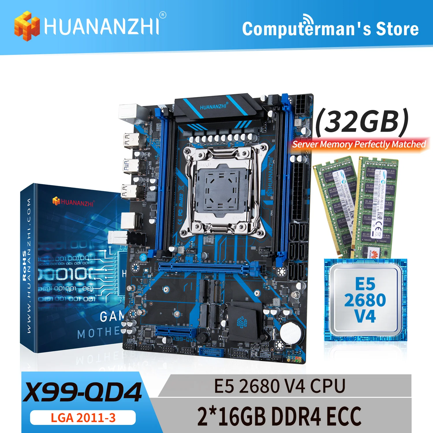 HUANANZHI X99 QD4 LGA 2011-3 XEON X99 Motherboard with Intel E5 2680 v4 with 2*16G DDR4 RECC Combo Kit Set M.2 NVME SATA