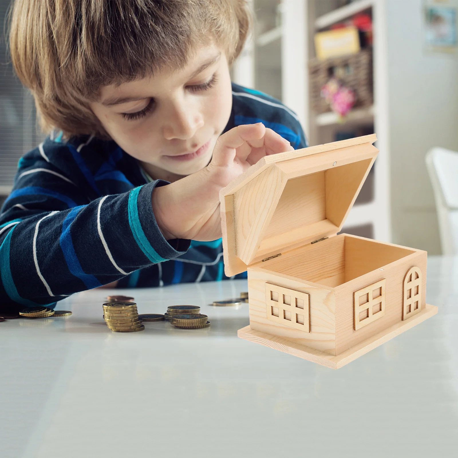 

1pc Wooden Piggy Bank House Shaped Coin Box For Kids Diy Painting Creative Saving Gift Vintage Decorative Money Container
