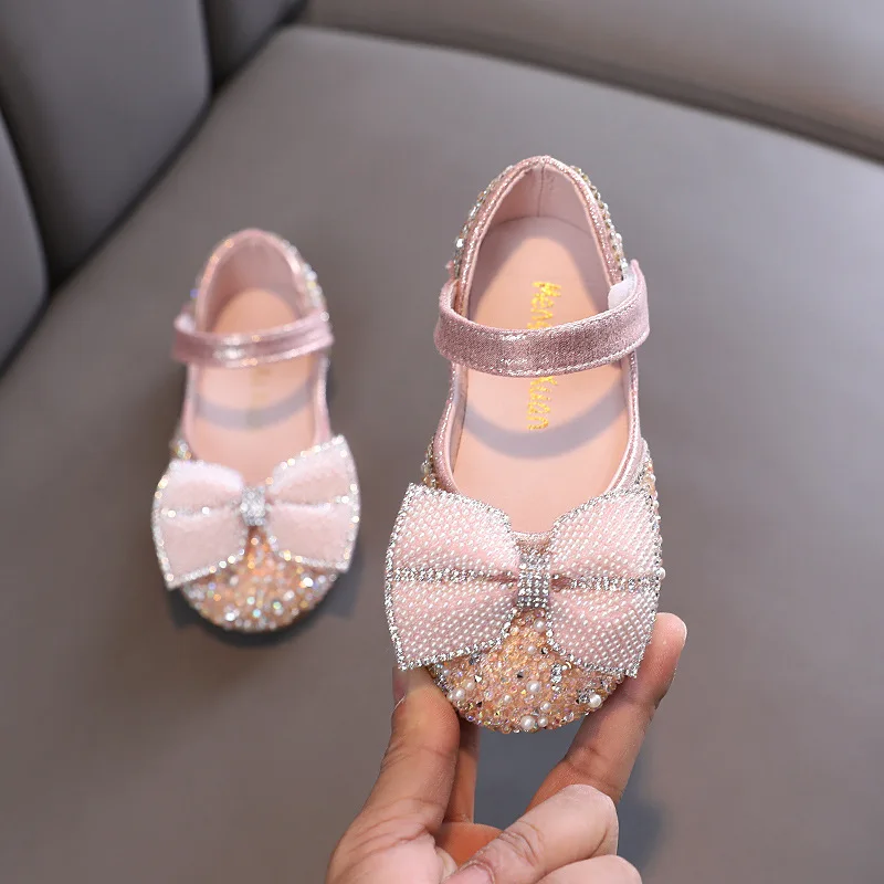 

Kids Girls Mary Janes for Party Wedding Shows Round-toe Versatile Rhinestone Shallow Chic Princess Leather Shoes Children Flats