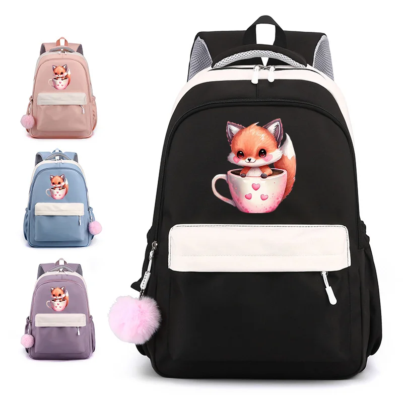 

New Cute Fox Pattern Backpack Teenage School Cartoon Backpack Cute Rucksack Large Capacity Zipper Backpacks