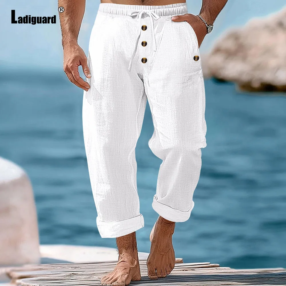 Mens Stand Pocket Casual Beach Pants White Soft Cotton Trouser Men Fashion Multi-Buttons Fly Sweatpants Men\'s Ankle-Length Pants