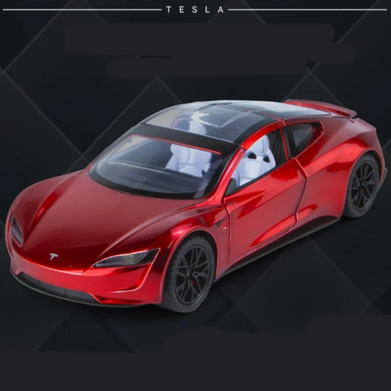 

1:24 Tesla Roadster Alloy Sports Car Model Diecast Metal Toy Concept Racing Car Model High Simulation Sound and Light Kids Gifts