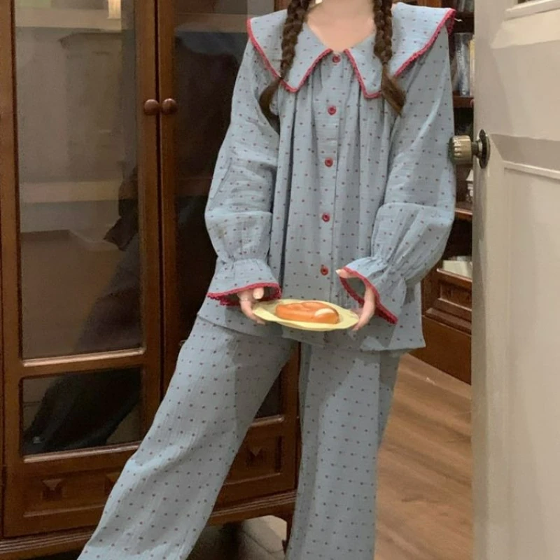 Pajamas Women's Spring and Autumn Korean Version Sweet Ruffle Edge Long-sleeved Trousers Cute Doll Collar Loose Loungewear Set