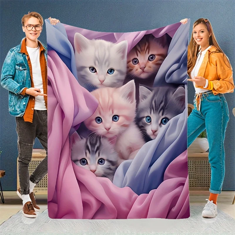 Ultra Soft Kitten Family Throw Blanket Plush Polyester Cute Pet Animal Design Nursery Decor Bedding Gift