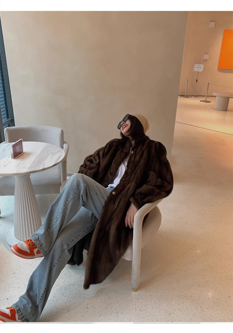 Lautaro Winter Long Brown Thick Warm Soft Faux Mink Fur Coat Women Puff Sleeve Elegant Luxury Chic Fluffy Furry Overcoat 2023