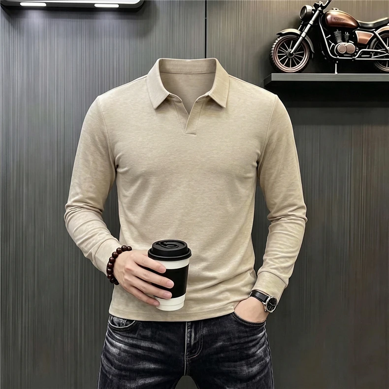 Herren Business Casual Langarm-Poloshirt Frühling Herbst Komfortables Atmungsaktives Arbeitsoberteil für Formelle Anlässe T-Shirts für Männer – Detail 9