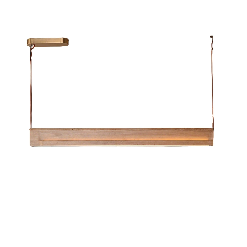 Natural Wood Linear LED Pendant Light Modern Minimalist Dining Room Solid Wooden Hanging Lamp with Leather Straps