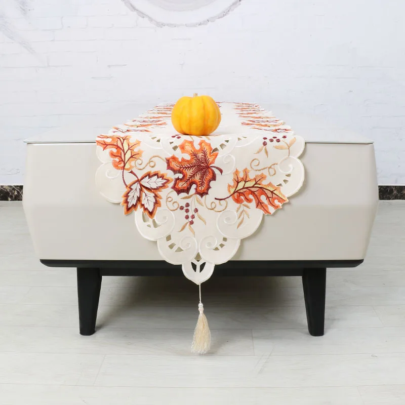 

Table Runner Embroidered Leaves Decorative Tablecloth Living Room Household Party Desk Cover Rectangle Dust-proof Camino De Mesa