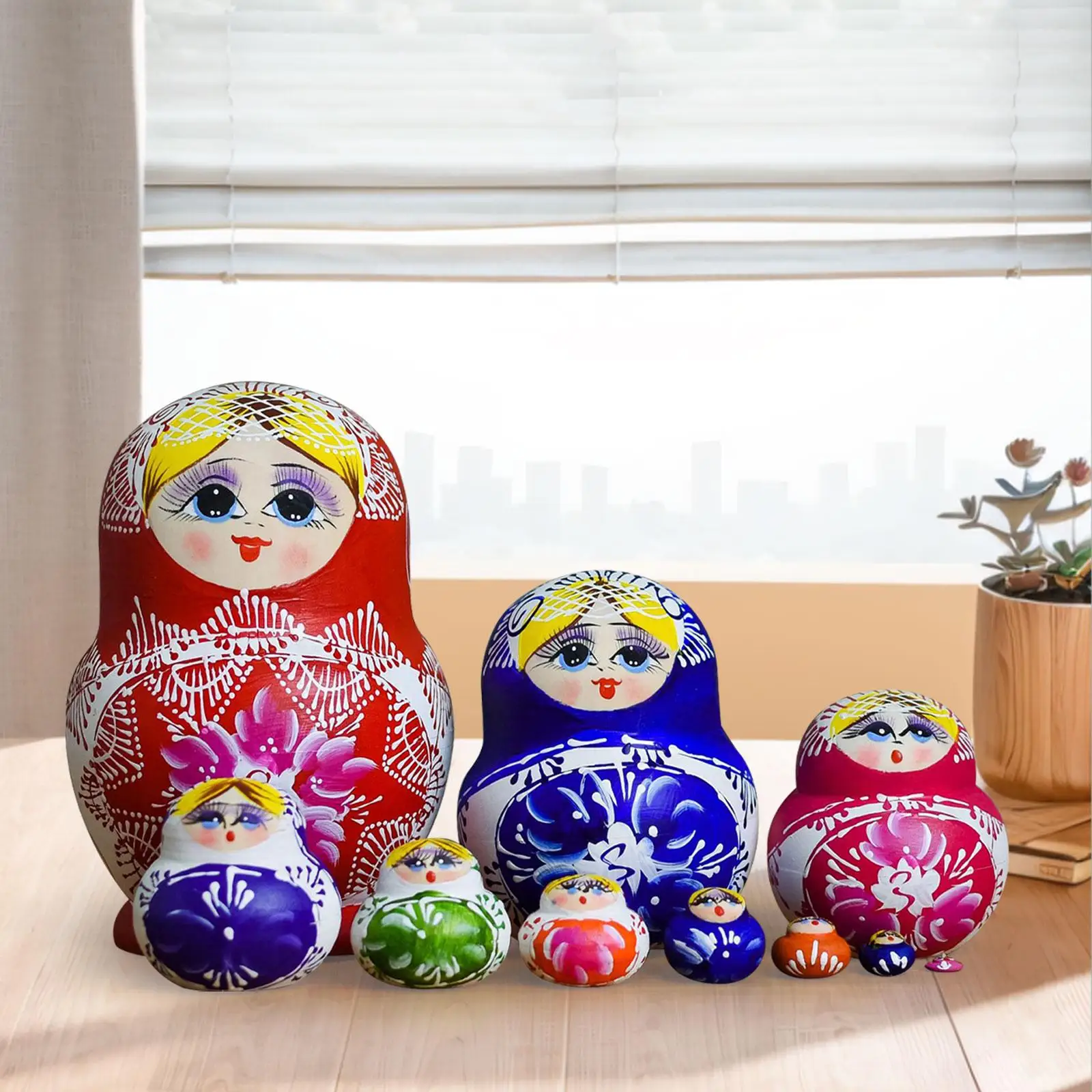 10x Wooden Russian Nesting Doll Figures Cartoon Ornament Wood Stacking Nested Set for Easter Birthday Office Home Adults