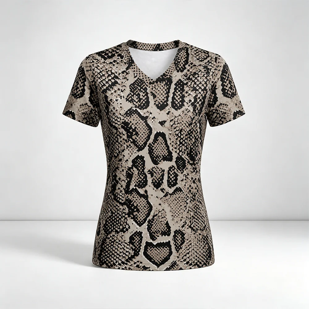 Vintage Snake Skin Print Women T Shirt Slim V Neck Short Sleeve Tee Fashion Animal Python Pattern Party Casual Ladies Basic Tops
