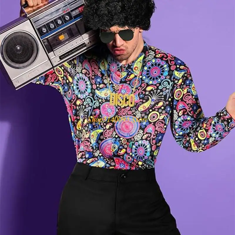 DXAE MEN 70S Disco -Kostüme umfassen Retro -Hemdglocken -Bottom -Hosen -Perücke Sonnenbrille Halskette Perückenkappen für Disco