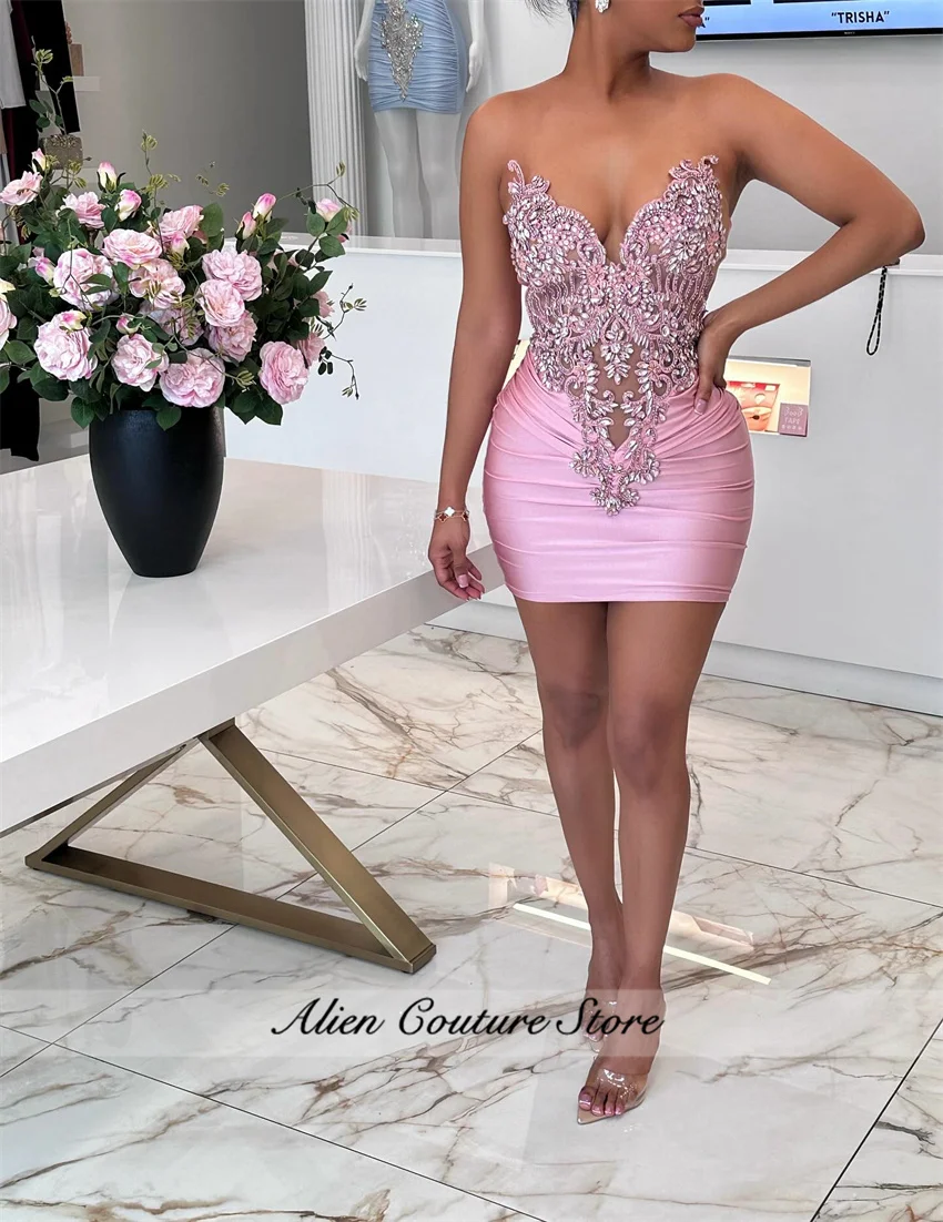 

Pink Homecoming Cocktail Party Dresses Birthday Party Formal Gowns Short Black Girls Prom Dresses Diamonds Gem Customized