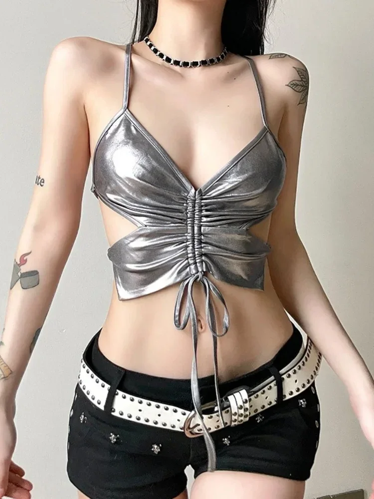 Tie Back Crop Top Backless Halter Top Women Edgy Clothes Y2k Accessories Silver Club Outfit Spaghetti Strap Butterfly Ropa Mujer