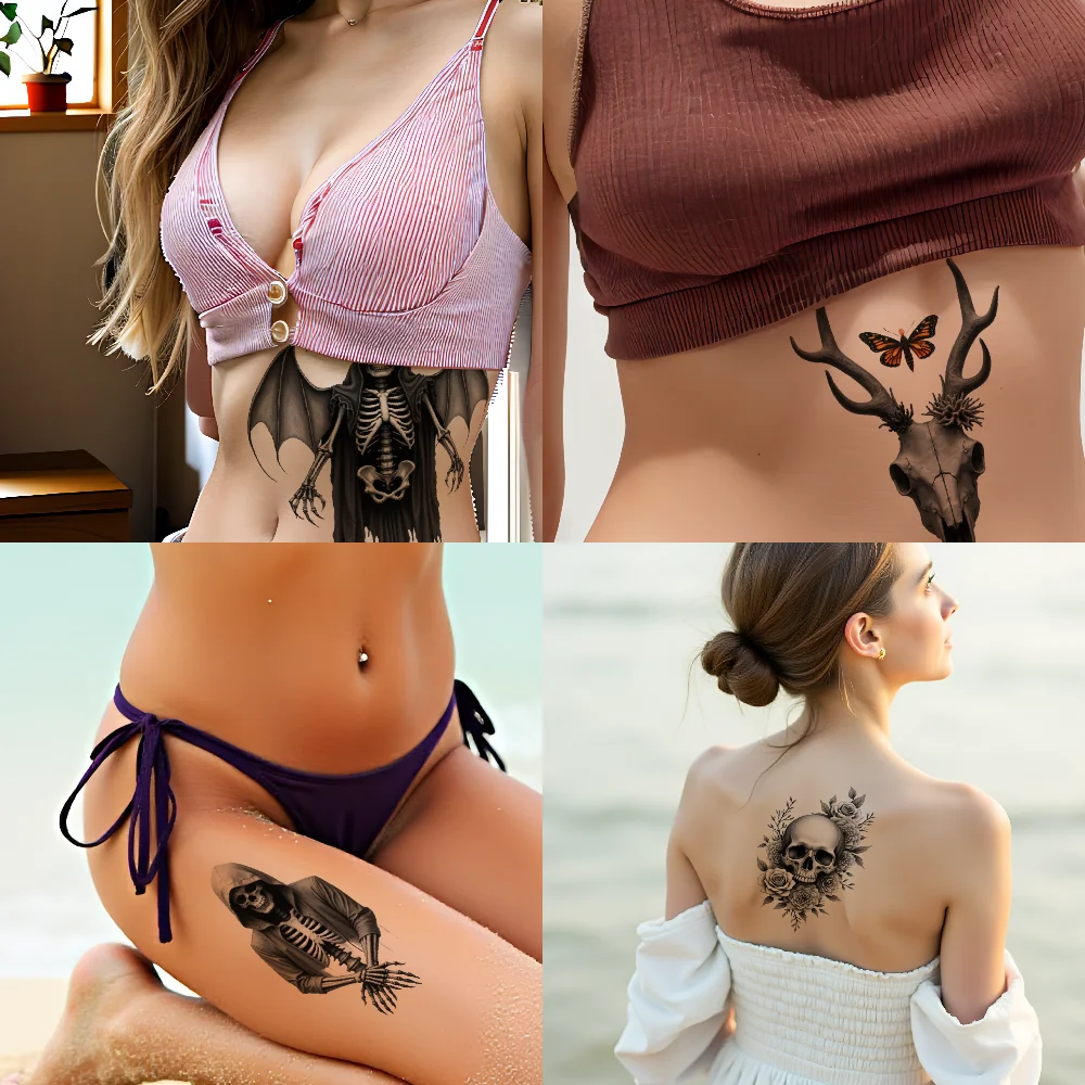 3 stuks tijdelijke tattoo realistische tijdelijke tatoeages skelet met capuchon gotisch skelet met vleugels met nautische scène voor